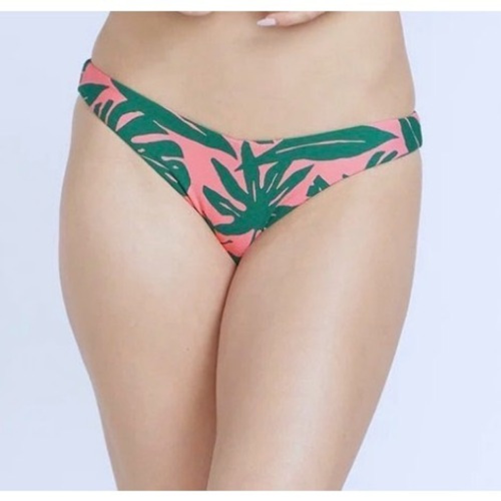 Volcom Eco‎ True Pink Green Tropical Monstera Leaf Bikini Bottoms Size M NEW